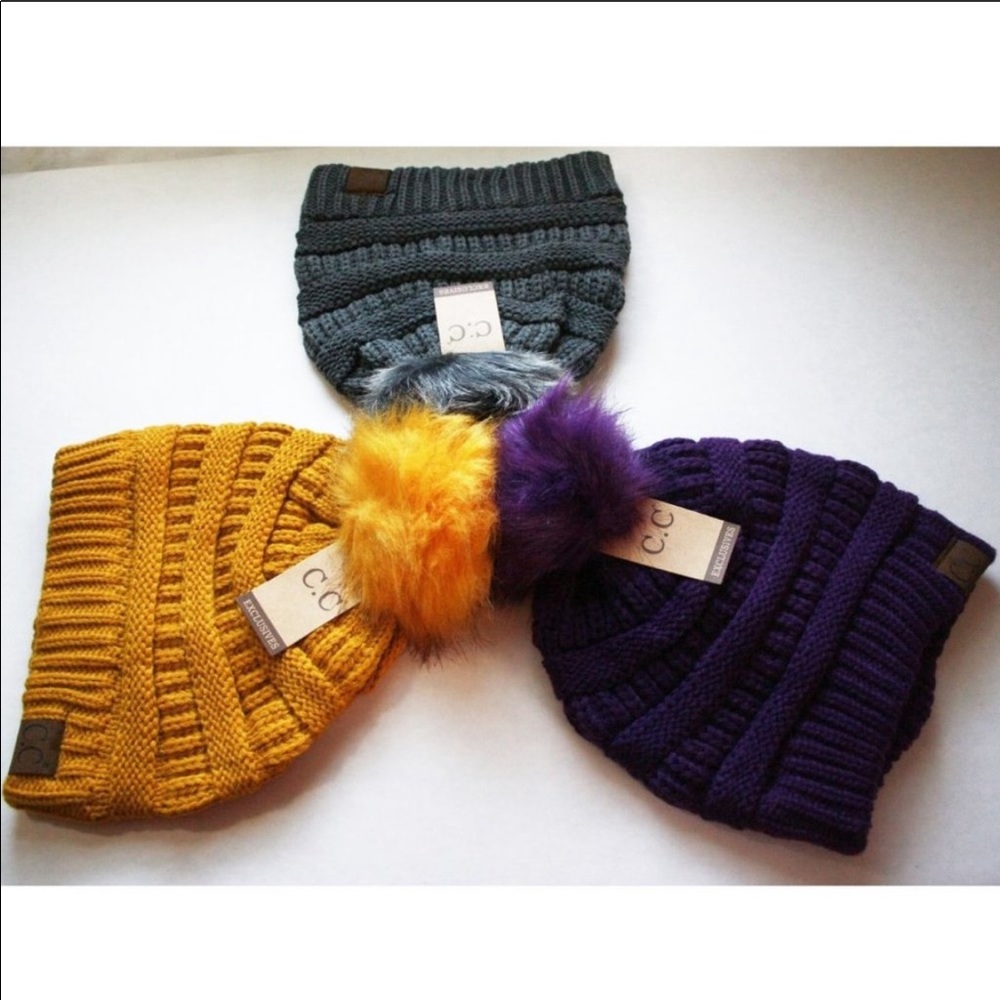 C.C Ribbed Knit Pom Pom Beanie Mustard Grey Purple